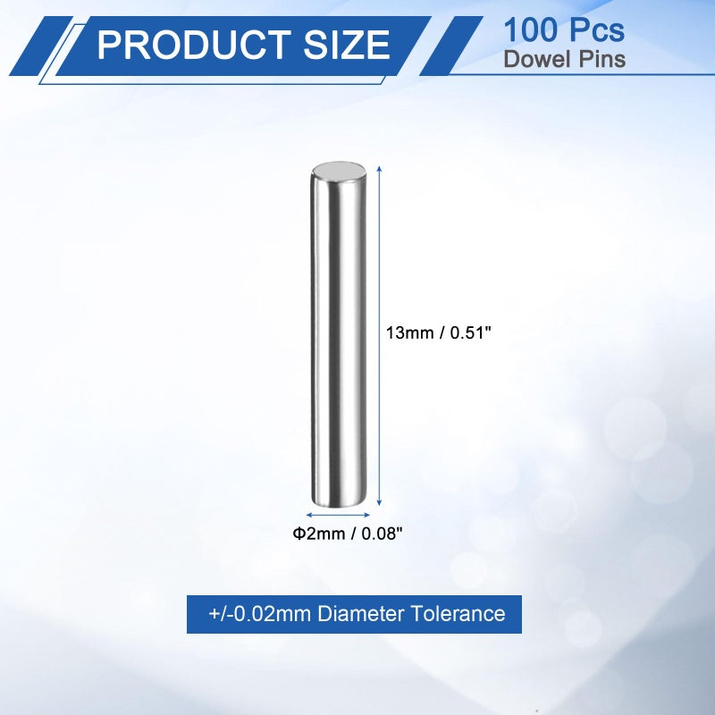 uxcell 100 Pcs 2mm x 13mm Dowel Pins Bearing Steel Cylindrical Dowel Pins Shelf Support Peg Pin Rod Fasten Elements Metal Shelf Pegs +/-0.02mm Diameter Tolerance, Silver Tone - Image 2